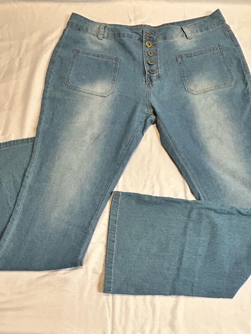 Retro Light Wash Flare Jeans Button Fly Front Patch Pockets Women's XXL